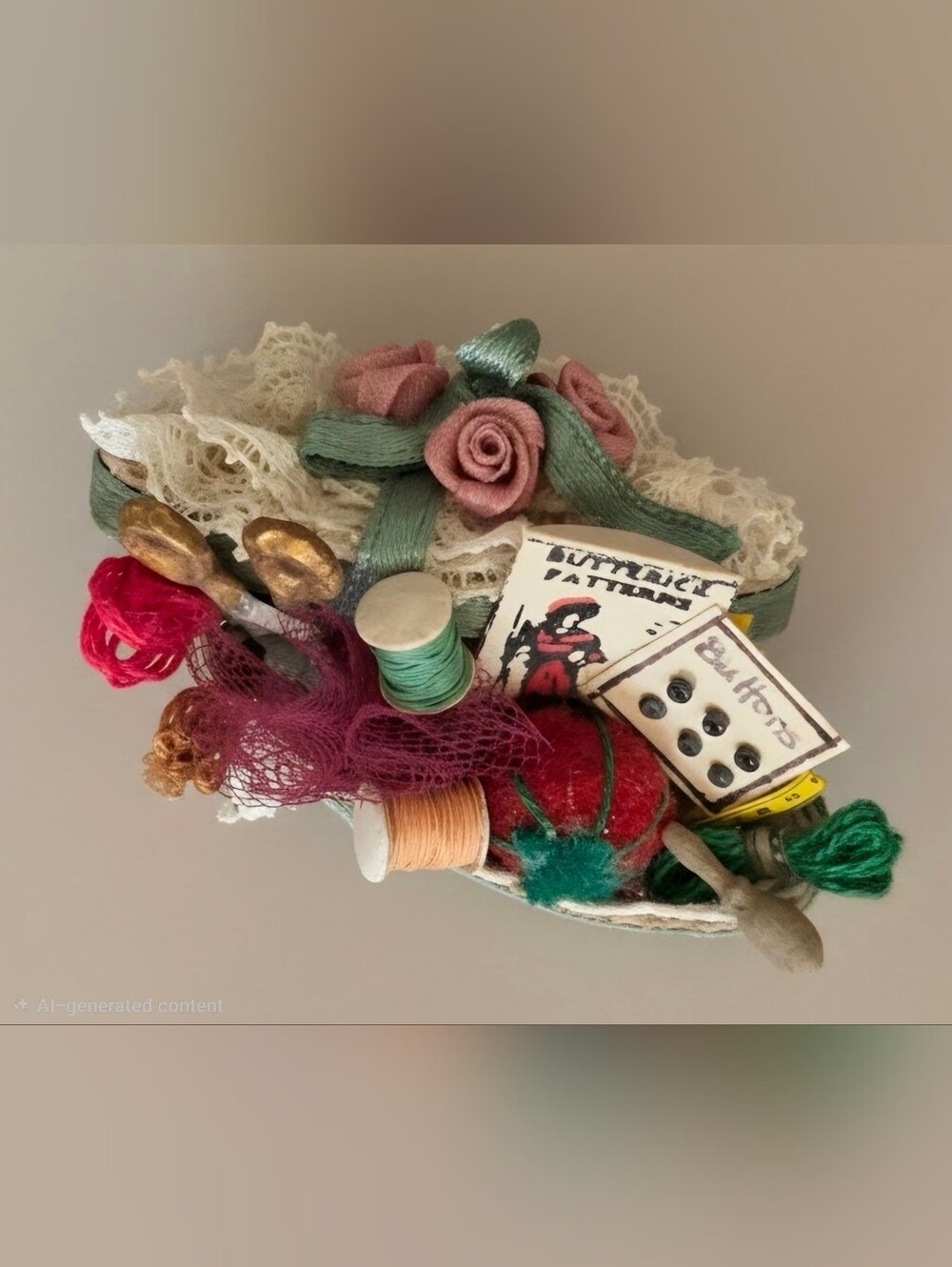 vintage rare 1:12 dollhouse sewing basket with Buttons, Butterick Pattern And Mo
